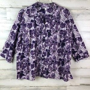 JM Collection Women Button Up Blouse 3/4 Sleeve Clear Sequin Top Purple Sz 18W